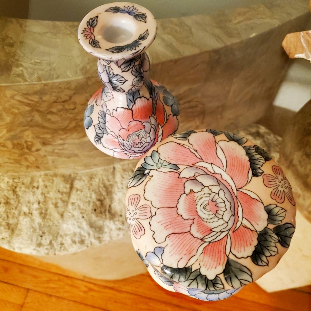 Hand Painted Trinket Box and Candle Holder